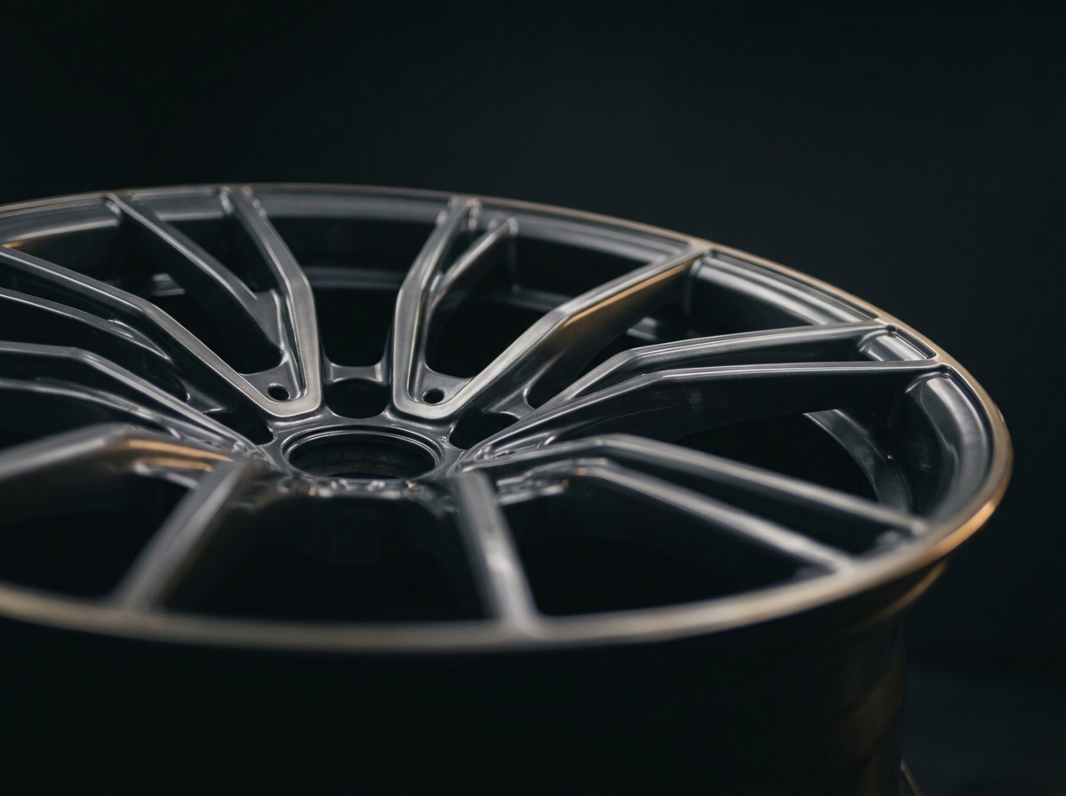 A refinished multi-spoke alloy rim, off the car, under studio light