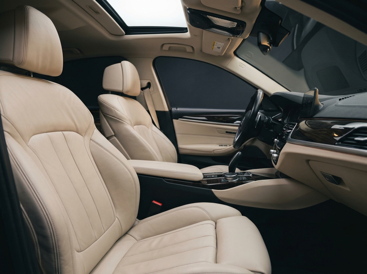 Cream leather cabin of a saloon after interior detailing