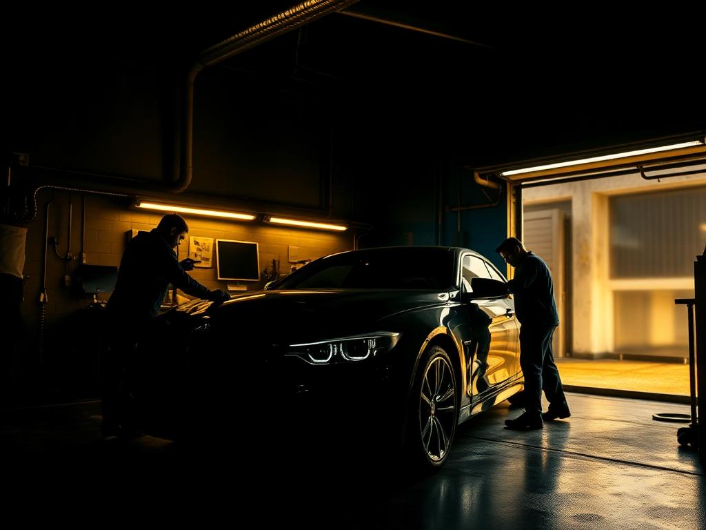 Two technicians working either side of a car in the detailing bay