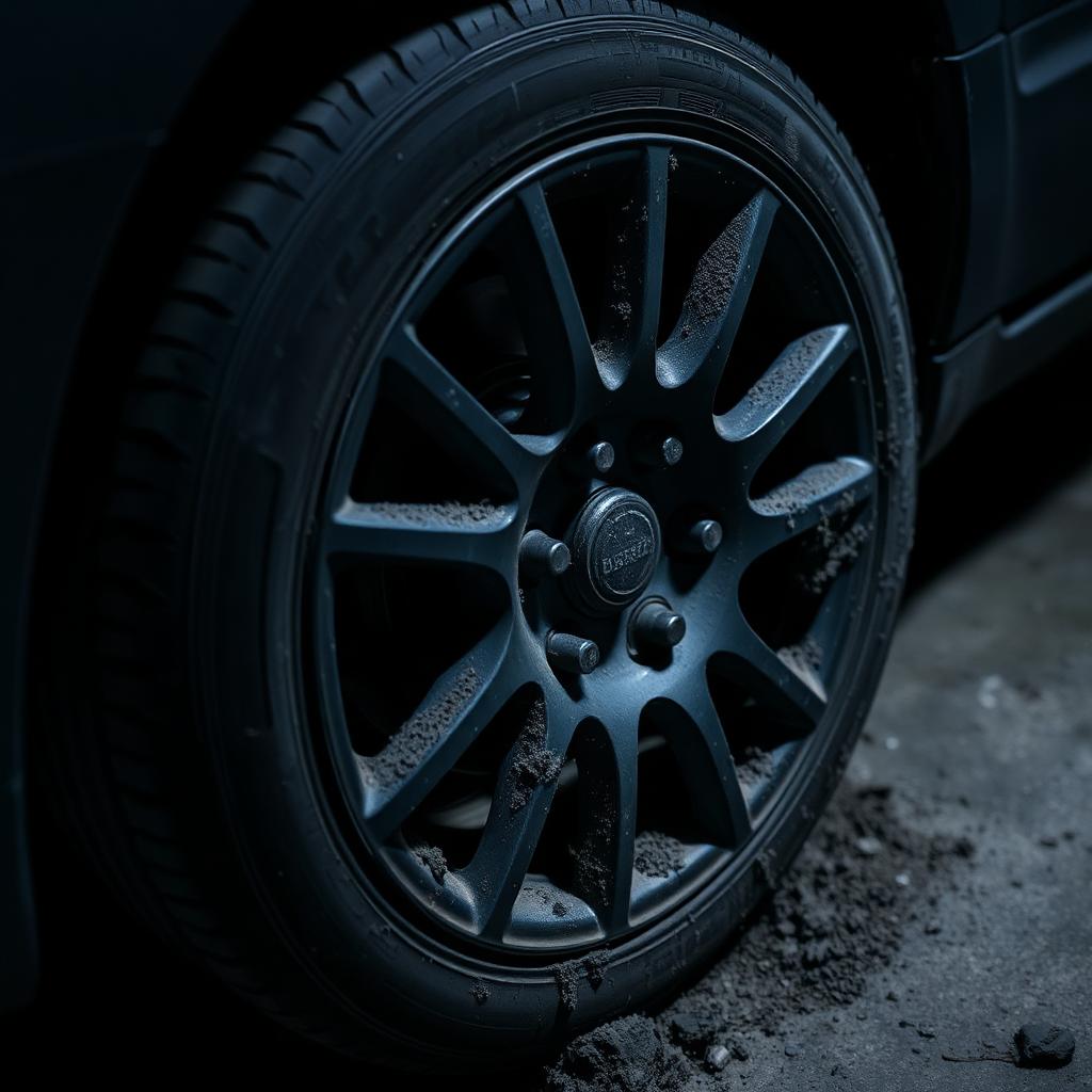 Alloy Wheel Refurbishment — before: A grime-covered multi-spoke alloy and tyre before refurbishment