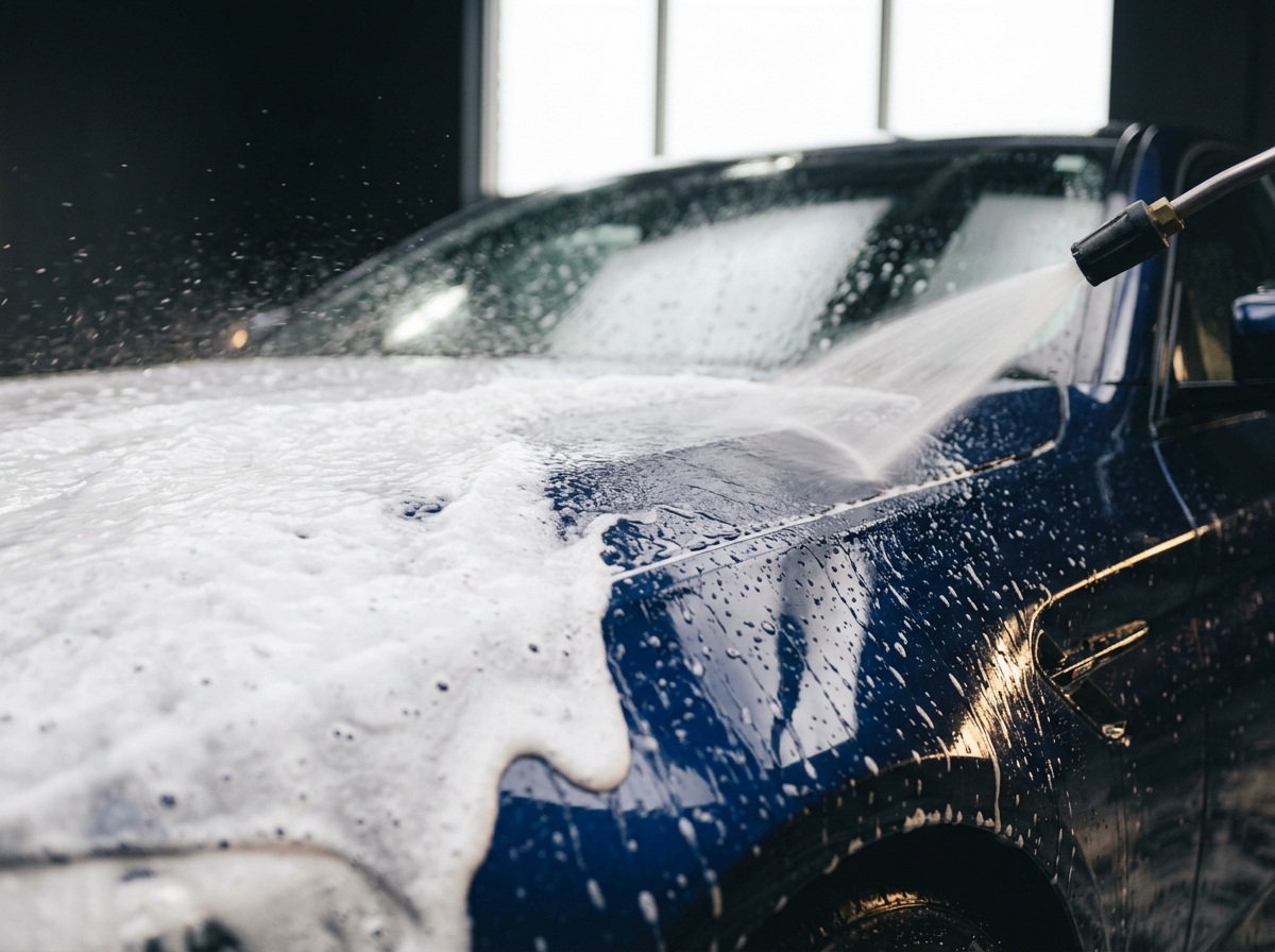 Snow foam being lanced across the bonnet of a blue car