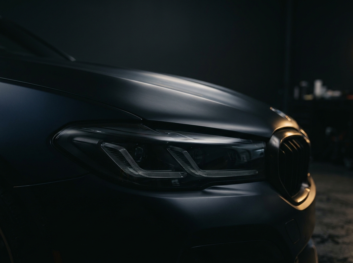 Refinished headlight and front wing of a matte black car