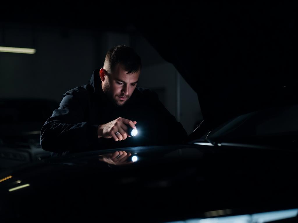 A technician inspecting a bonnet under a hand-held inspection lamp