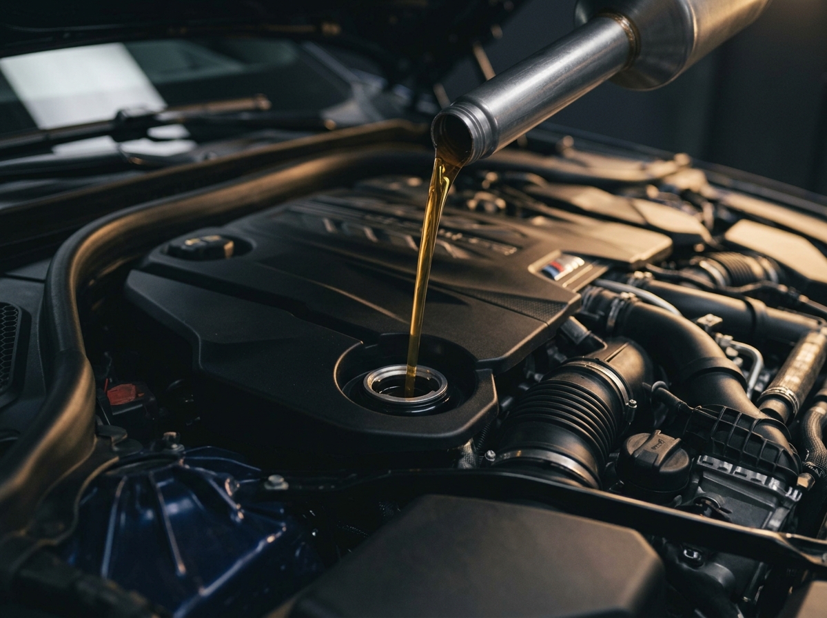 Fresh engine oil being poured into an open filler neck