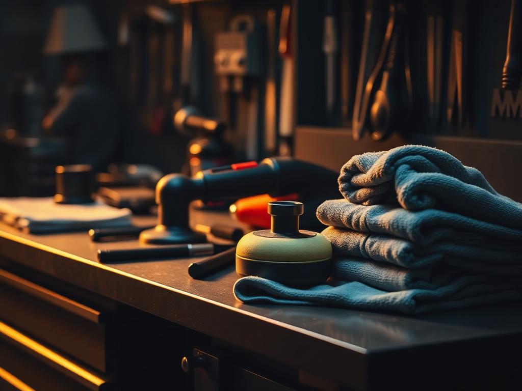 Polisher, pads and folded microfibre towels laid out on a workbench