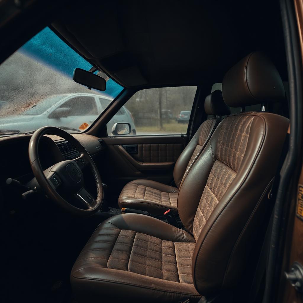 Interior Detailing — before: Aged brown leather front seats and steering wheel before interior detailing